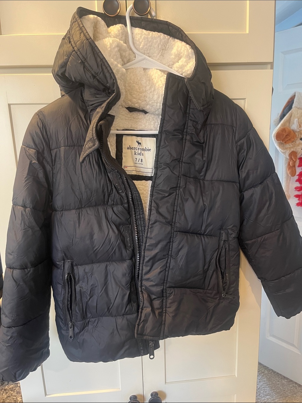 abercrombie kids Black Puffer Jacket with White Sherpa Lining